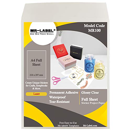 Mr-Label® Extra Large Clear Full-Sheet Strong Adhesive Labels -Transparent Tear-Resistant Waterproof Stickers for Kitchen Use | Manufacturing and Storage - Laser Print Only (10 Sheets)