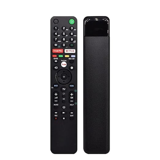 Front and side view of the RM-L1675 universal remote control, showing its sleek black design.