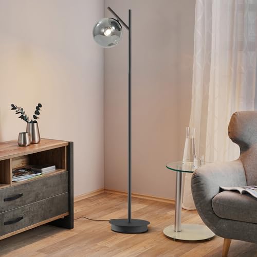Image of Mid Century Floor Lamp for Living Room Moderm Tall Standing Lamp with Frosted Glass Globe Shades Contemporary Brass Freestanding Lamp for Office Bedroom (Black-Smoky Gray)
