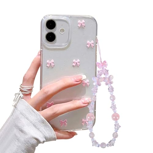 Coque iPhone 12 et 12 Pro transparente pailletée avec nœud perles 3D et chaîne