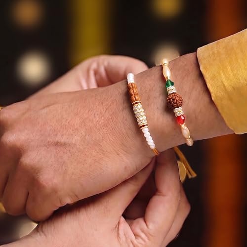 Image of Peora Rakhshabandhan Thread Rakhi for Brother Bhaiya | Kundan Beads & Crystal Studded | Combo Set of 2 | Rakhi Hamper Roli Chawal & Greeting Card