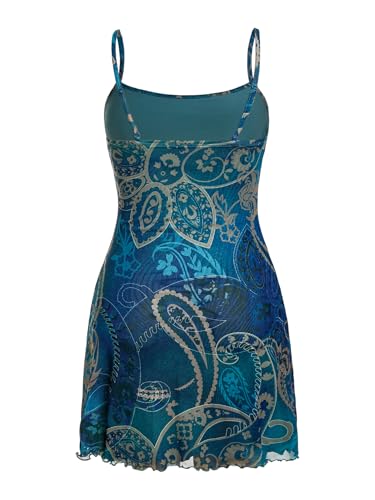 Image of Milumia Mini Dress for Women 90s Boho A Line Mesh Short Dresses | Spaghetti Strap,Sleeveless,Vintage,Paisley Print,Festival,Going Out,Cowgirl,Y2k,Goth