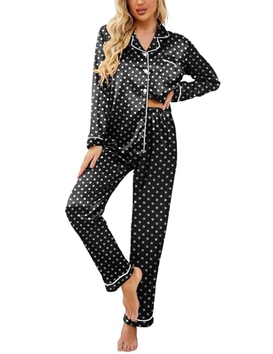 Ekouaer Womens Satin Pajama Set Classic Pattern Silky Pj Sets Button Down Sleepwear Loungewear,X-Large,Black Dots