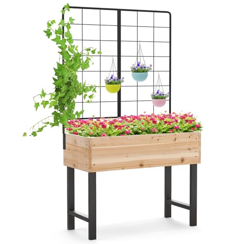GOPLUS Carré Potager sur Pieds en Bois de Sapin avec Treillis, Jardinière Surélevée avec Treillis pour Plantes Grimpantes avec Étagère Porte-Outils, pour Terrasse, Patio et Balcon, Naturel