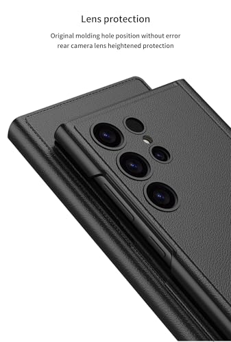 Image of Midkart Leather Flip Cover Compatible with Samsung Galaxy S23 Ultra with Card Holder Built-in Kickstand Inner Hard PC Full Body and Camera Protection Case, Fiber Black