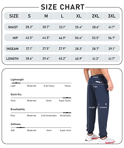 Mofiz Men's Athletic Lightweight Hiking Running Pants Joggers Sweatpants Quick Dry Jogging Gym Workout Track Zip Pockets Navy Blue 3Xl #TOP6