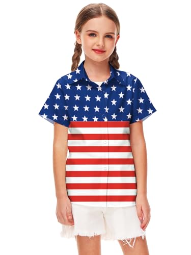 Image of Remimi Unisex Kids 4th of July Button Up Shirt Boys American Flag Print Hawaiian Beach Short Sleeve Tops 5-14 Years