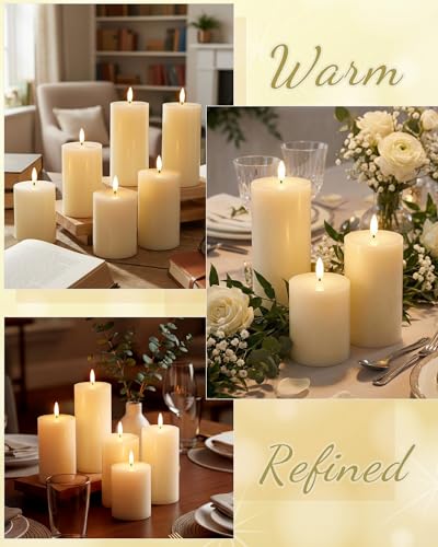 Image of Leelosp 6 Pack Flameless Candles with Remote Timer, Battery Operated Flickering Flameless Candles Bulk Flat Top Pillar LED for Wedding Festival Outdoor Home Decor D 3'' H 4'' 5'' 6'' (Ivory White)