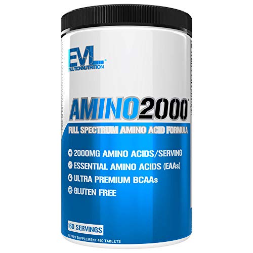 Evlution Nutrition Amino 2000 Tablets - 2 Grams of Amino Acids Essential for Performance, Recovery, Endurance, Muscle Building, Keto Friendly, No Sugar, No Stimulants (480 Tablets, 160 Servings)