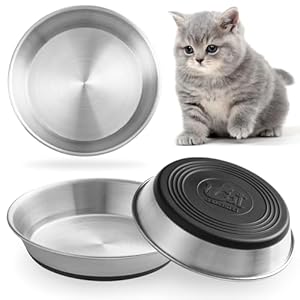 Stainless Steel Cat Bowls,Whisker Friendly Shallow Cat Dishes for Food and Water,Non-Slip Silicone Bottom,Heavy Duty,Replacement Kitten Metal Plate for Elevated Stands,3 Pack
