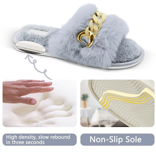 Womens Slippers Fuzzy Slippers for Women Memory Foam Cute Fluffy Gold Chain House Slippers Open Toe Indoor Outdoor Home Slippers Bridesmaid Bride Gifts for Halloween, Christmas, Wedding Day3