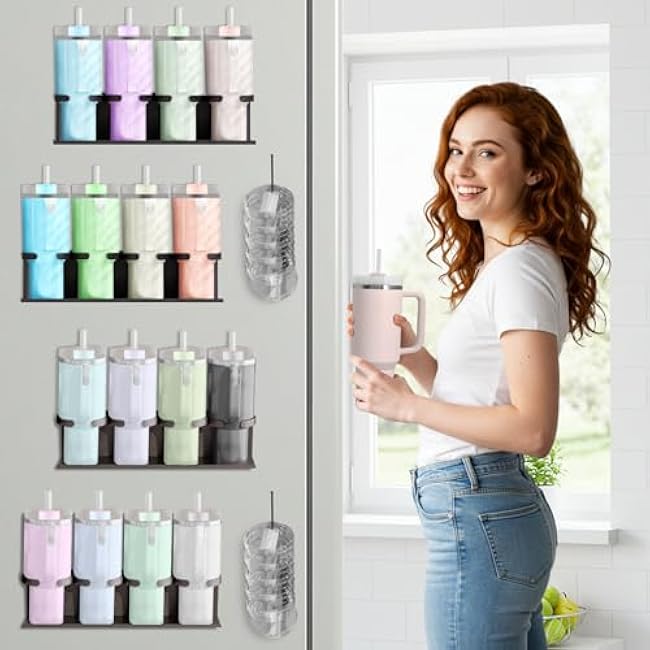 Magnetic Fridge Cup Holder for Stanley 20/30/40 oz with Tumbler Lid Organizer, Strong Magnetic Water Bottle Storage Rack (Black, 8 Cup)