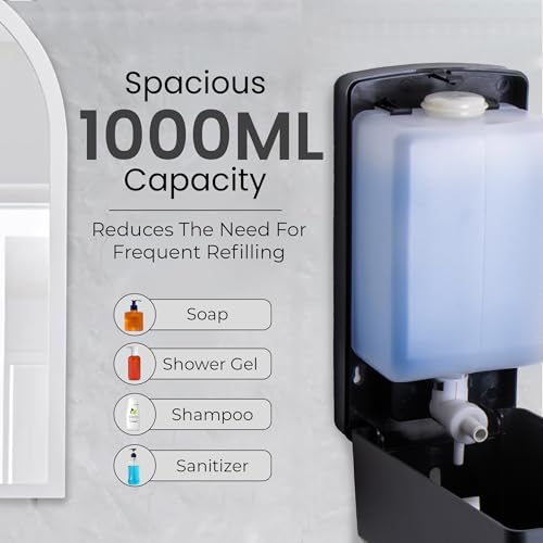 Image of Robustt Stylish Wall Mounted Liquid Soap Dispenser 1L (Black, Pack of 5) - with Adhesive Hooks | Easy Installation for Bathroom & Kitchen - Durable ABS Material, Sleek Design