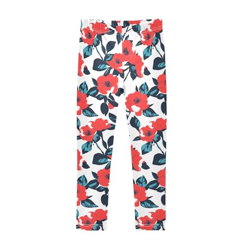 KLL Floral Pattern Red Roses Girls Cotton Leggings Casual High Waisted Dance Pants Running