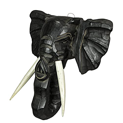 Hand-Carved Black Wood Elephant Head Wall Hanging Sculpture Safari Art Decor 12 Inches High #TOP2