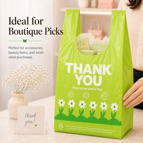Image of YoYoRain 1000 Pack Green Thank You T-Shirt Bags with Handles, 11.5 inch x 6.25 inch x 21 inch, Reusable & Disposable Grocery Shopping Bags for Retail & Takeout