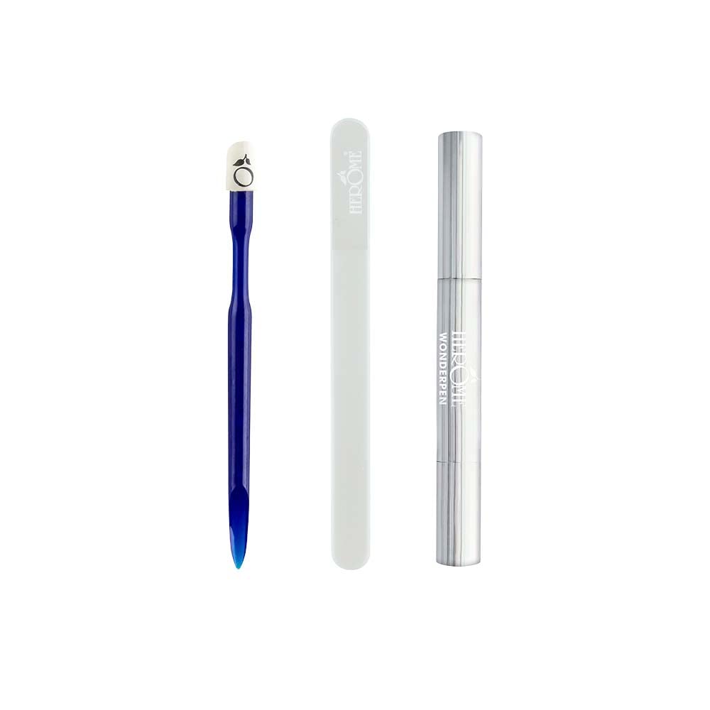 Herome Combi-Pack Repousse-Cuticule, Lime à Ongles en Verre Format Voyage & Stylo Magique Pour Cuticules (Cuticle Pusher, Glass Nail File Travel-Size & Cuticle Night Repair (Wonderpen))