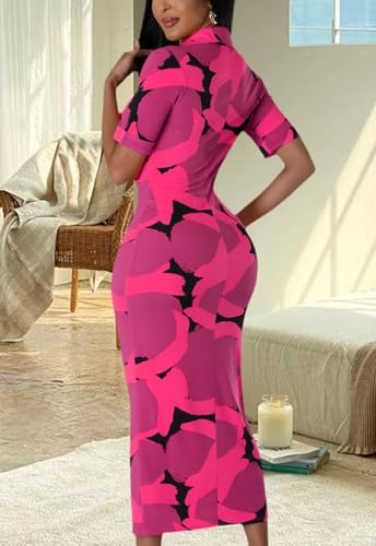 Image of ZERMOM Women's Button Down Shirt Dress Short Sleeve Print Collar V Neck Summer Bodycon Midi Dresses