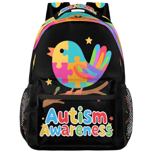 Autism Awareness Bird Kids Backpack, Lightweight School Bookbag Large Capacity Laptop Backpack Water Resistant Daypack Shoulder Bag for Teenager Boys Girls