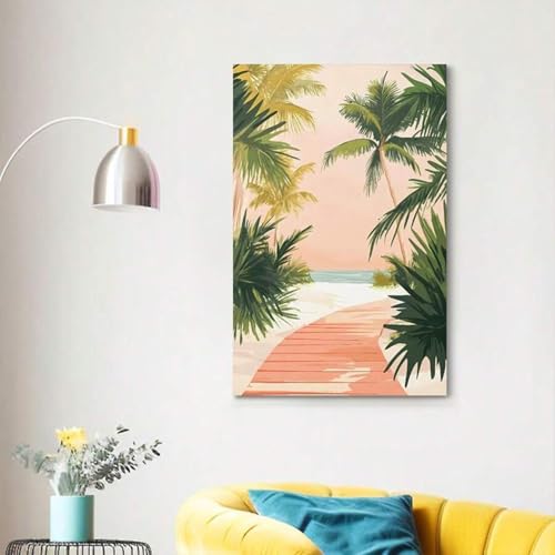 Affiche de plage avec palmiers rose et vert grand format avec cadre - 3