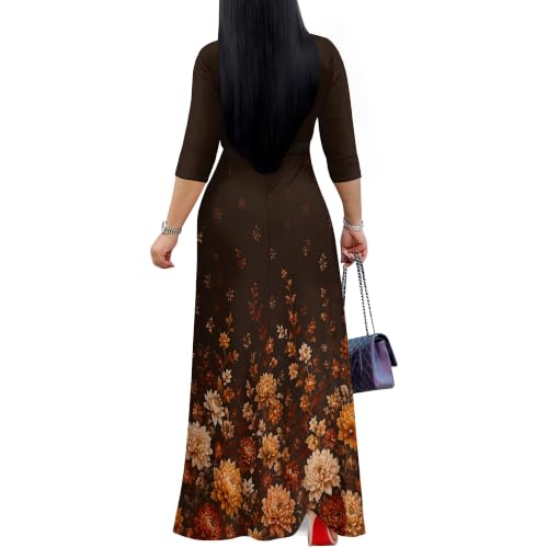 Image of Plus Size Maxi Dress for Women V Neck 3 /4 Sleeve Wrap Dress Brown 3XL | Brown Floral Women's Maxi Dress for Thanksgiving Birthday