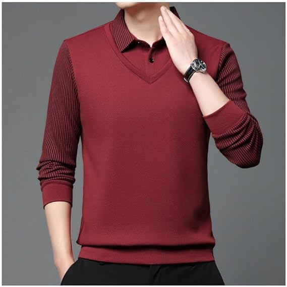 Men's Striped Lapel Fake Two-Piece Shirt Long Sleeve Polo Shirts Spring Autumn Basic Business Casual Polo Tops2