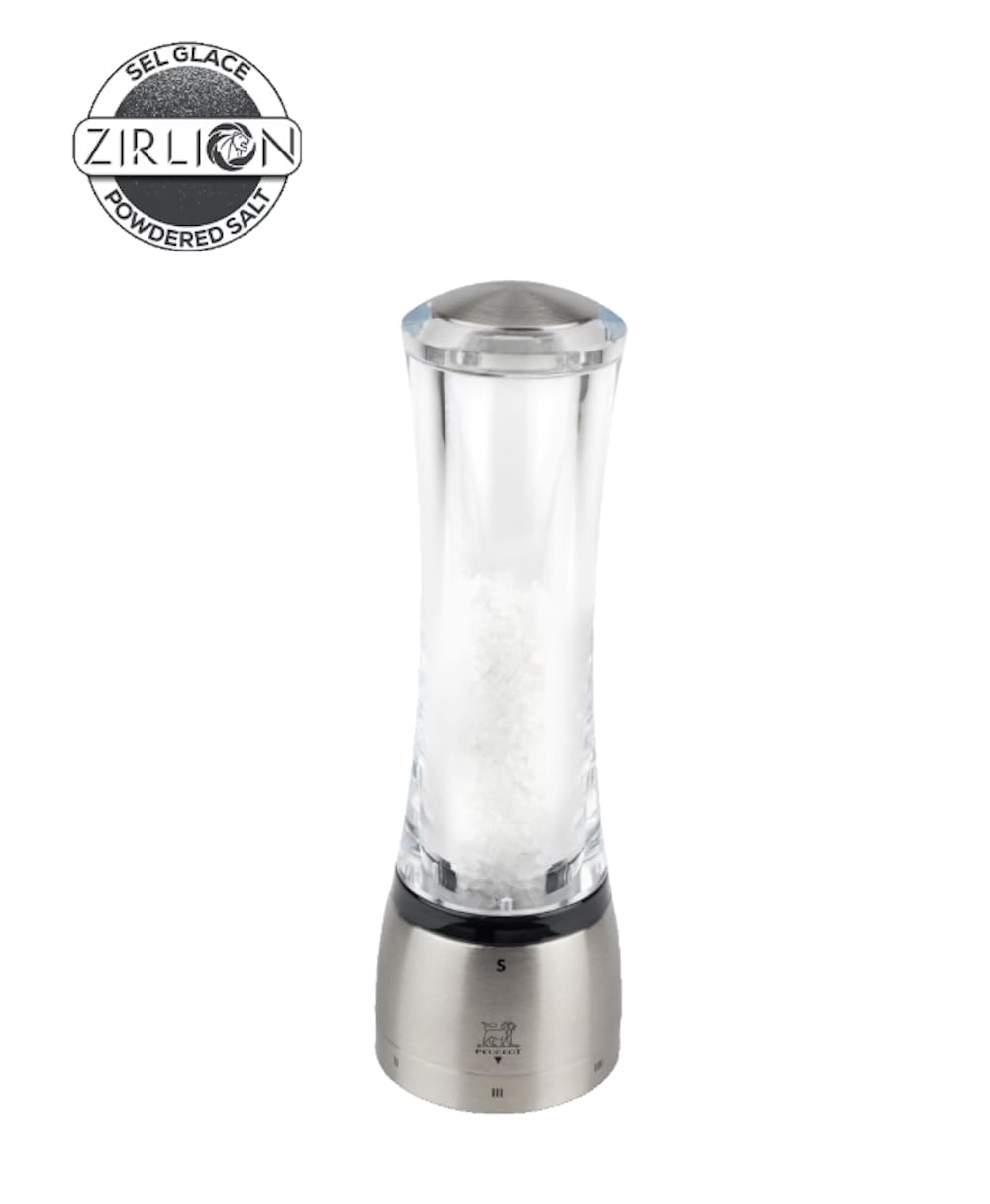 PEUGEOT - Moulin à Sel Daman u'Select 21 cm - 6 Réglages de Moutures Prédéfinies - Innovation Sel Glace, Mécanisme Zirlion - En Inox et Acryl - Fabrication Française, Salt Mill