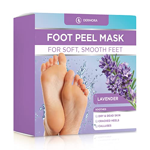 DERMORA Foot Peel Mask – 2 Pack of Regular Size Exfoliating Foot Masks for Dry, Cracked Feet, Callus, Dead Skin Remover – Feet Peeling Mask for baby soft feet, French Lavender Scent