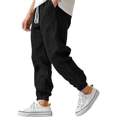 WENKOMG1 Cotton Linen Pants for Men Elastic Waist and Ankle Drawstring Baggy Style Lightweight Breathable Beach Pants