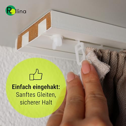Rollina Gardinengleiter (100 Stück) | Gardinenhaken für Schienen mit 4mm Schlitz-Breite | Vorhanghaken mit Faltenlegehaken | Auch passend für KVARTAL Leiste