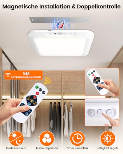 Lustaled Wiederaufladbare Deckenlampe mit Bewegungsmelder, Magnetisch Kabellos LED Akku Aufladbar mit Fernbedienung, 3 Farbtemperaturen, Dimmbar für Badezimmer, Treppenhaus, Flur, Garage, Schrank