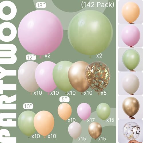 Image of PartyWoo Pink and Green Balloon Arch Kit Garland 142pcs Different Sizes of 18 12 10 5 Inch Metallic Gold Baby Pink Sage Green Sand White Nude Gold Confetti Balloons for Birthday Party Decorations