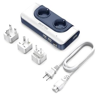 BESTEK Transformateur Convertisseur de Voyage 200W Adaptateur de Voyage Version Améliorée AC 100V-120V à AC 230V 10V avec 2 Prises EU et 4 Ports USB 3 Adaptateurs Prises (USA,UK,EU,AUS...) -Bleu