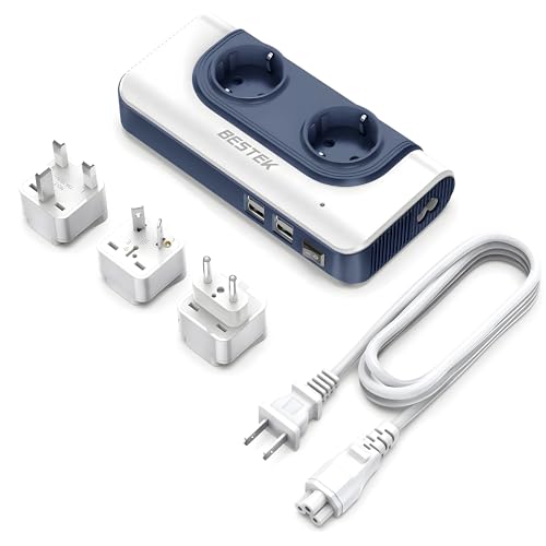 Adaptador Enchufe Universal, BESTEK 200W Transformador Viaje de 110V a 220V con Adaptador UK EU AU, 2 AC Enchufes y 4 Puertos Smart USB Multiprotección, Convertidor Voltaje Universal