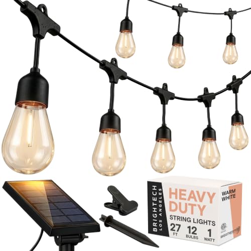 Brightech Ambience Pro 27 Ft Solar Powered Outdoor String Lights - Commercial Grade Waterproof Patio Lights with Edison Bulbs, Shatterproof LED String Lights for Patio - 1W, Warm White, 12 Bulbs