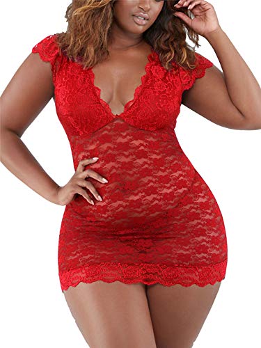 Nuisette grande taille en dentelle florale pour femme, Red2., XL