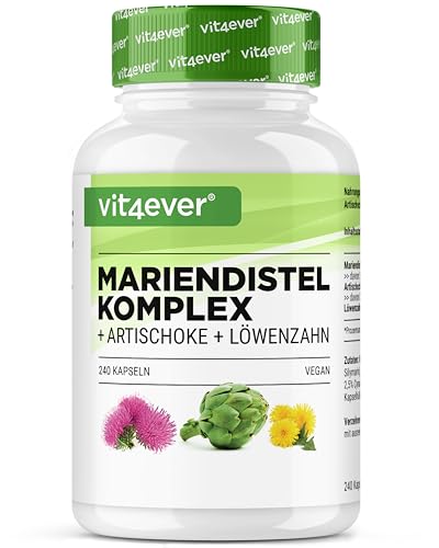 Mariendistel Artischocken Löwenzahn Komplex - 240 Kapseln (4 Monatsvorrat) - Hochdosiert mit 80% Silymarin & 2,5% Cynarin - Laborgeprüft - Vegan