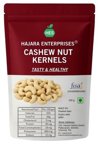 Image of HAJARA Tasty Cashew Nuts | 200 Grams | Unroasted Kernels | Rich in Flavor and Nutrients | Perfect Snack Option | Freshly Packed for Optimal Taste | Vegan-Friendly and Multi Nutrients