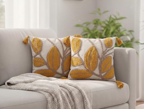 Image of Furnistitchs Handmade Cotton Bohemian Home Decor Cushion Cover 24x24 inches / 60x60 cms - Boho Chic Couch Sofa Throw Living Room Bedroom Cushions (1, Mustard Leaves)