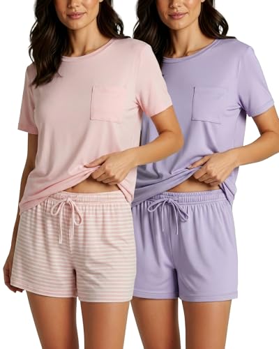 Image of Real Essentials 2 Pack: Women's Short Sleeve Pajama Short Set - Comfy Lightweight Soft Lounge Sleepwear (Plus