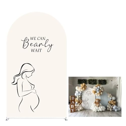 Iydamc Pregnant Woman Arched Fabric Backdrop Covers for Baby Shower We Can Bearly Wait Theme Arch Stand Cover Birthday Parties Decorations Props (2.6x6FT)