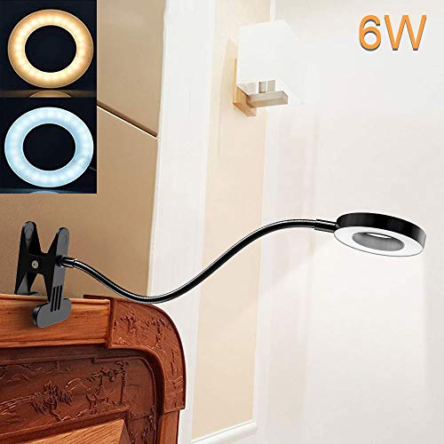 Preisvergleich Produktbild DLLT LED Klemmleuchte Bett Leselampe Schwarz Kleine Schreibtischlampe Klemmlampe Clip Tischlampe 6W Schwarz mit 2 Lichtfarben: Kaltweiß und Warmweiß (Ohne Adapter)