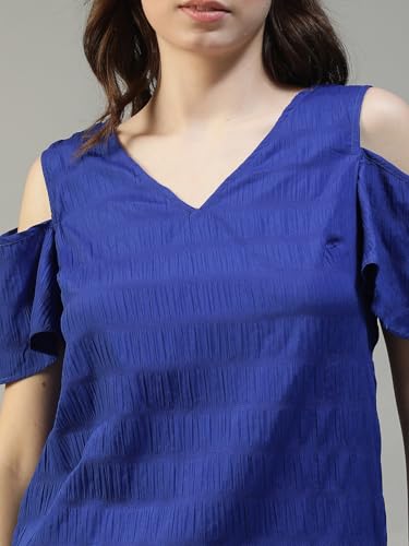 Image of oxolloxo Women Solid V-Neck Short Sleeve Cold Shoulder Yarn-Dyed Dobby Top