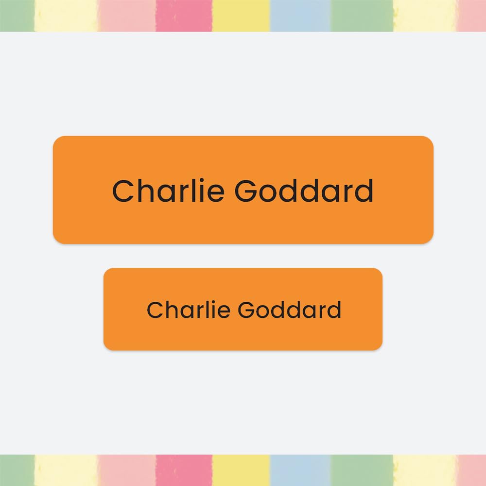 96 x Personalised Stick-On Waterproof Washable Name Labels Pack of 2 Sizes for Clothes, Water Bottles, School Uniform, Equipment - Orange (SFP)