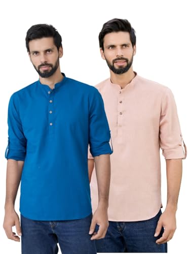 Image of See Designs Men's Roll-Up Sleeve Mandarin Collar Cotton Solid Short Kurta (Pack of 2) - Festive Collection