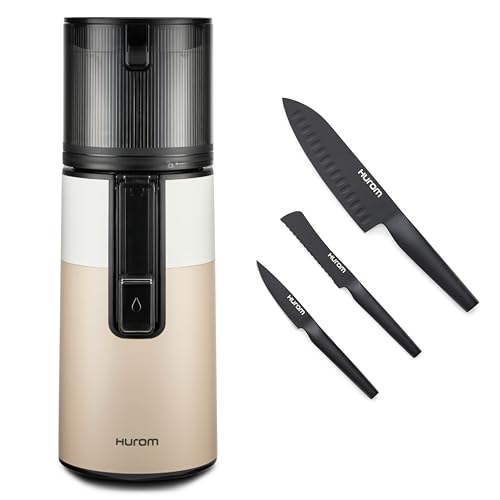 Hurom Two-Tone Beige H400 Award Winning Cold Press Juicer Machine with German Steel Knife Set, Strainer & Hands Free with Self-Feeding Hopper, Corrosion-Resistant Blades, Easy Assembly (550ml/ 18.6oz)