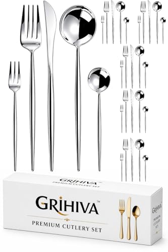 Image of 30 Pcs Silver Cutlery Set for Dining Table the Perfect Lightweight Silim Handle Tableware Including Dinner Spoon, Dinner Fork, Dinner Knife, Dessert Spoon & Dessert Fork