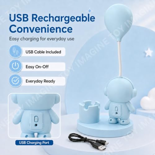 Image of Toy Imagine 3-in-1 Kids LED Desk Lamp USB Rechargeable Night Light with Pen Holder and Pencil Sharpener Cute Astronaut Design Detachable Study Lamp for Girls & Boys Bedroom, Home & School