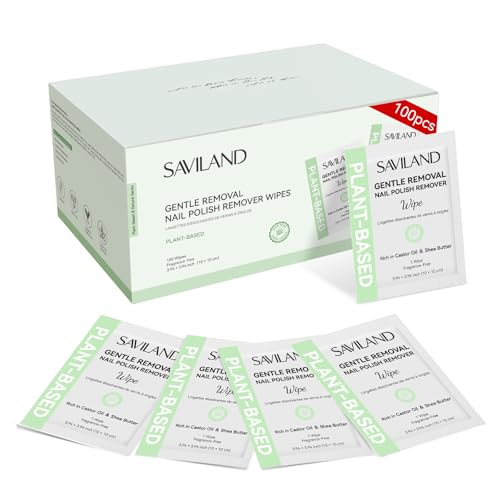 SAVILAND Plant-Based Nail Polish Remover Pads: Non Acetone Nail Polish Remover Wipes 100 Pcs Castor Oil & Shea Butter Travel Nail Kit Large Pads for Sensitive Nails Remover Salon Use