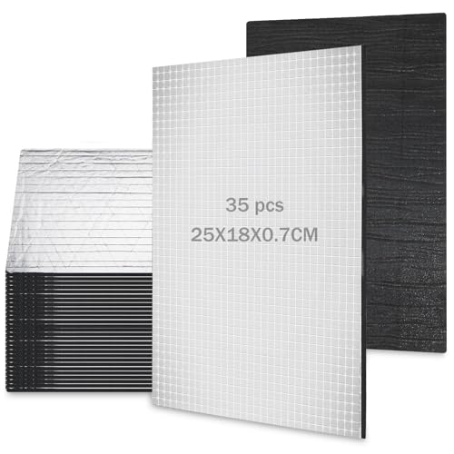 DAJAVE 35 pezzi di Pannelli Isolanti Tagliati 25X18X0.7CM Isolante Termico Alto, Acustico Foglio AlluminioInsonorizzazione AutoKit Isolante Termico Alta Temperatura, Insonorizzazione Auto